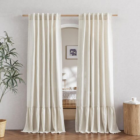 ستارة مكشكشة من الكتان من PONY DANCE، ستائر خلفية بطول 84 بوصة لغرفة النوم، ستارة بوهو ريفية شبه شفافة مقاس 52 × 84 بوصة، أخضر غامق in Kuwait