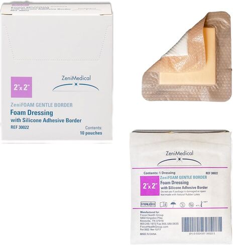 ZeniFoam Gentle (2" x 2") Polyurethane Foam Dressing with Silicone Adhesive Without Border, Skin-Friendly, Highly Absorbent, Latex-Free, with Waterproof Backing (10/Box) in Saudi Arabia