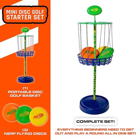 مجموعة Nerf Disc Golf Starter - أقراص جولف صغيرة + مجموعة سلة جولف قرصية - مجموعة أقراص جولف محمولة كاملة مع أقراص للفناء الخلفي + الشاطئ - 3 أقراص + هدف سلة متضمن in Saudi Arabia