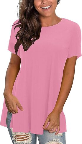 Afibi Womens Short Sleeves Casual Swing Tunic Top Crew Neck T Shirt in Kuwait