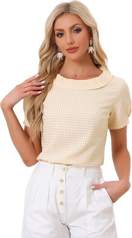 Allegra K Women's 1950s Round Collar Short Sleeve Gingham Tops in Saudi Arabia