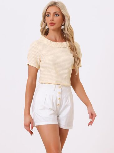 Allegra K Women's 1950s Round Collar Short Sleeve Gingham Tops in Saudi Arabia