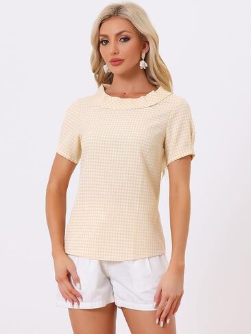 Allegra K Women's 1950s Round Collar Short Sleeve Gingham Tops in Saudi Arabia