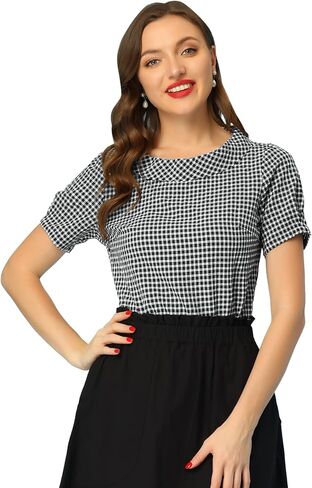 Allegra K Women's 1950s Round Collar Short Sleeve Gingham Tops in Saudi Arabia