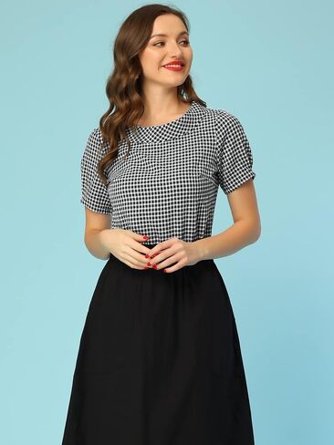 Allegra K Women's 1950s Round Collar Short Sleeve Gingham Tops in Saudi Arabia