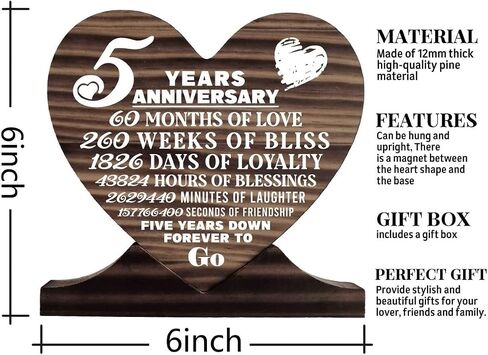 5th Anniversary Wood Plaque, Wood Sign, Gift Wood Plaque Heart, Heart Wood Sign, Unisex Gifts, 5th Wedding for Her, for Him, for Couple, 5 Years of Marriage, 5 Years Together as Husband & Wife in Saudi Arabia