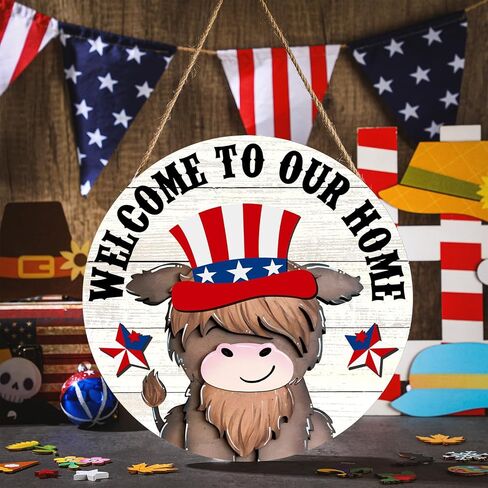 13 Set Highland Welcome Cow Gnome Interchangeable Sign with Hat and Holiday Sign Hanging Wooden Farmhouse Seasonal Door Decor Rustic Door Hanger for Summer July 4th Front Door(Fresh Style) in Saudi Arabia