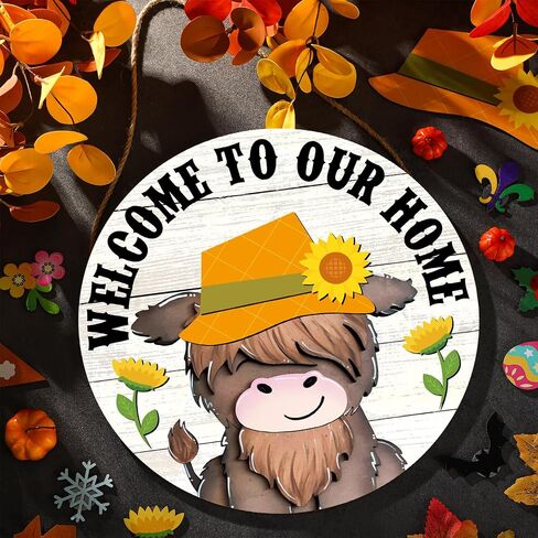 13 Set Highland Welcome Cow Gnome Interchangeable Sign with Hat and Holiday Sign Hanging Wooden Farmhouse Seasonal Door Decor Rustic Door Hanger for Summer July 4th Front Door(Fresh Style) in Saudi Arabia