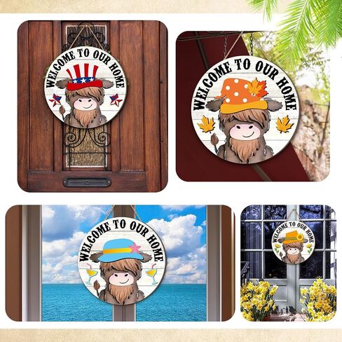 13 Set Highland Welcome Cow Gnome Interchangeable Sign with Hat and Holiday Sign Hanging Wooden Farmhouse Seasonal Door Decor Rustic Door Hanger for Summer July 4th Front Door(Fresh Style) in Saudi Arabia