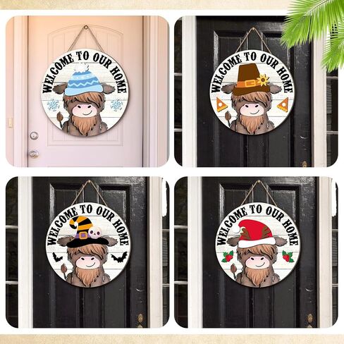 13 Set Highland Welcome Cow Gnome Interchangeable Sign with Hat and Holiday Sign Hanging Wooden Farmhouse Seasonal Door Decor Rustic Door Hanger for Summer July 4th Front Door(Fresh Style) in Saudi Arabia