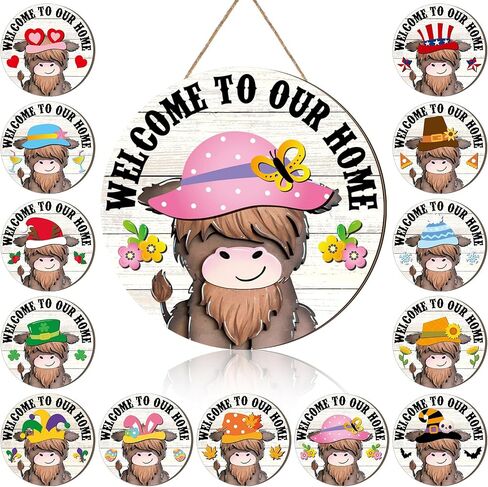 13 Set Highland Welcome Cow Gnome Interchangeable Sign with Hat and Holiday Sign Hanging Wooden Farmhouse Seasonal Door Decor Rustic Door Hanger for Summer July 4th Front Door(Fresh Style) in Saudi Arabia