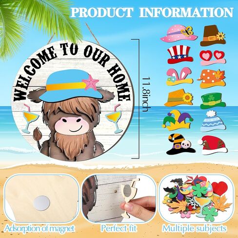 13 Set Highland Welcome Cow Gnome Interchangeable Sign with Hat and Holiday Sign Hanging Wooden Farmhouse Seasonal Door Decor Rustic Door Hanger for Summer July 4th Front Door(Fresh Style) in Saudi Arabia