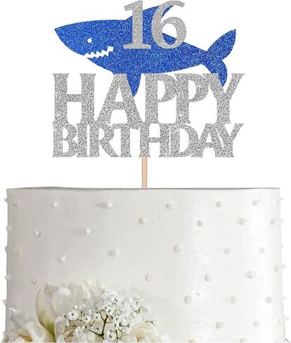 Shark Happy 16th Birthday Cake Topper Blue Silver Glitter Boy Girl 16 Years Ocean Birthday Party Decoration in Saudi Arabia
