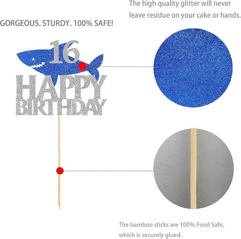 Shark Happy 16th Birthday Cake Topper Blue Silver Glitter Boy Girl 16 Years Ocean Birthday Party Decoration in Saudi Arabia
