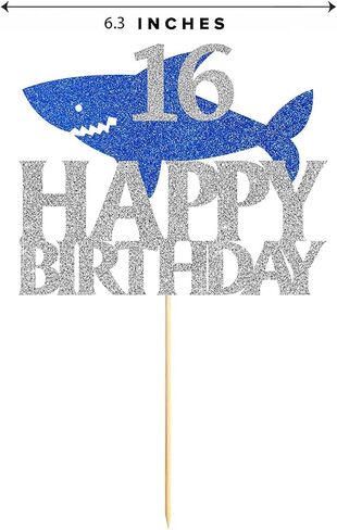 Shark Happy 16th Birthday Cake Topper Blue Silver Glitter Boy Girl 16 Years Ocean Birthday Party Decoration in Saudi Arabia