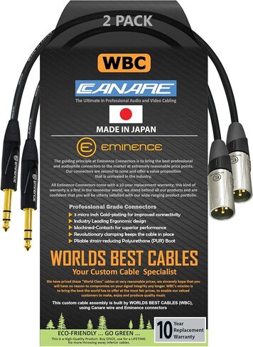 أفضل الكابلات في العالم وحدتين - 1.5 قدم - Canare L-4E6S، كابل تصحيح XLR إلى TRS المتوازن من Star Quad مع مقابس ستيريو E311 ذكر XLR وE502 TRS من Eminence Gold - مصنوع حسب الطلب in Saudi Arabia