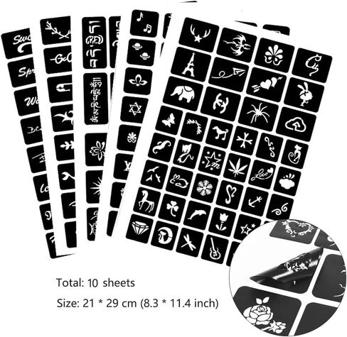 10 ورقات استنسل وشم مؤقت، قوالب وشم وهمية شبه دائمة، استنسل حناء قابل لإعادة الاستخدام، حجم كبير للنساء والفتيات والأطفال، رسم على الوجه، فن الجسم- TSD007 in Kuwait