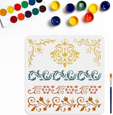 استنسل حدود الزهرة الرجعية استنسل حدود مزخرف 11.8 × 11.8 بوصة مع فرشاة طلاء قالب استنسل زهرة حافة الأزهار قالب تزيين الكعكة DIY فن حرفي للنسيج الخشبي القماشي الورقي in Saudi Arabia