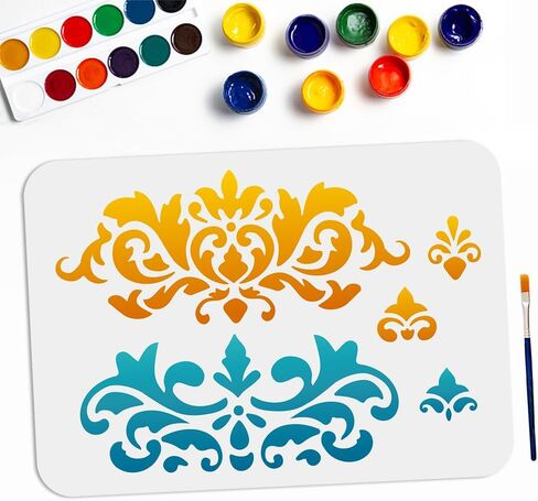 استنسل حدود الزهرة الرجعية استنسل حدود مزخرف 11.8 × 11.8 بوصة مع فرشاة طلاء قالب استنسل زهرة حافة الأزهار قالب تزيين الكعكة DIY فن حرفي للنسيج الخشبي القماشي الورقي in Saudi Arabia