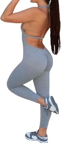 Light Grey Women's Halter Neck Sports Jumpsuit Sleeveless Strapless Yoga Romper in Saudi Arabia