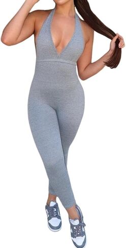 Light Grey Women's Halter Neck Sports Jumpsuit Sleeveless Strapless Yoga Romper in Saudi Arabia