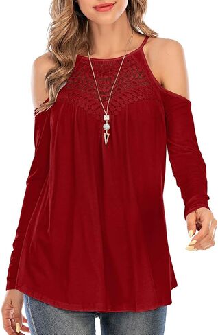 Womens Casual Long Sleeve Tops Flowy Lace Loose Cold Shoulder Blouse T-Shirts in Saudi Arabia