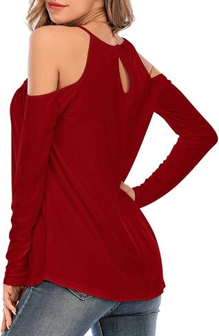 Womens Casual Long Sleeve Tops Flowy Lace Loose Cold Shoulder Blouse T-Shirts in Saudi Arabia