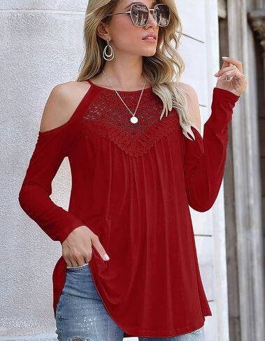 Womens Casual Long Sleeve Tops Flowy Lace Loose Cold Shoulder Blouse T-Shirts in Saudi Arabia