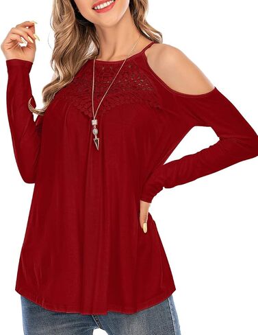 Womens Casual Long Sleeve Tops Flowy Lace Loose Cold Shoulder Blouse T-Shirts in Saudi Arabia