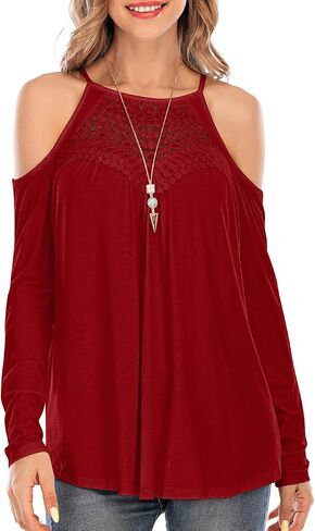 Womens Casual Long Sleeve Tops Flowy Lace Loose Cold Shoulder Blouse T-Shirts in Saudi Arabia