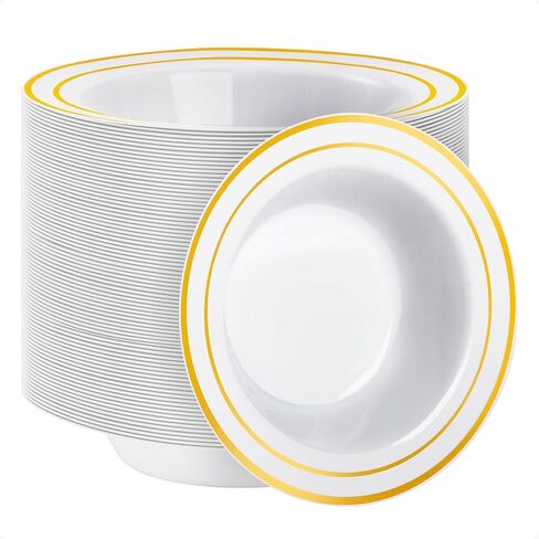 Goodluck 25 Pack Black Plastic Bowls with Gold Rim, 12oz Disposable Soup Bowls, Heavy Duty Dessert Bowls for Weddings, Parties, Dinners, Catering, and Everyday Use in Saudi Arabia