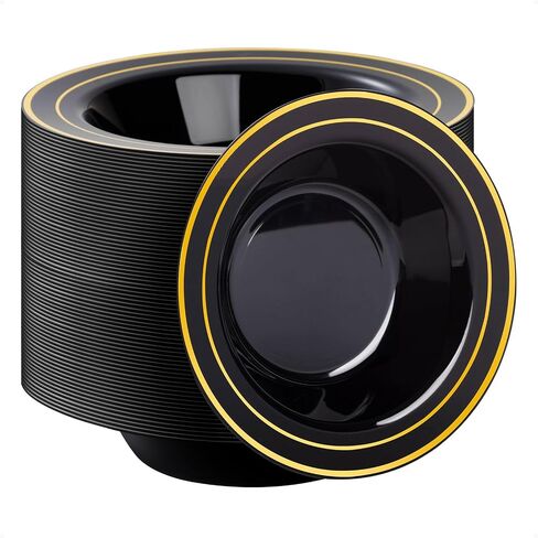 Goodluck 25 Pack Black Plastic Bowls with Gold Rim, 12oz Disposable Soup Bowls, Heavy Duty Dessert Bowls for Weddings, Parties, Dinners, Catering, and Everyday Use in Saudi Arabia