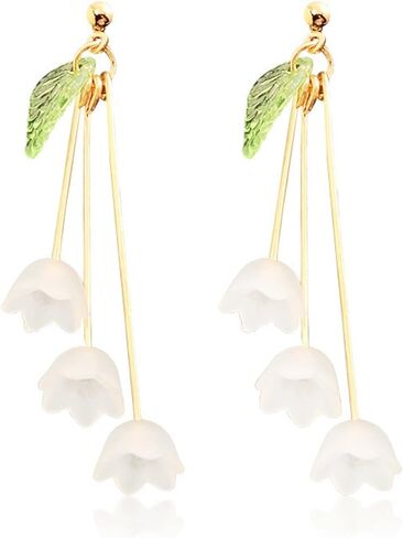 Lily Flower Tassel Earrings Gold Plated Elegant Fairy White Lily Bell Orchid Petal Green Leaf Plant Chandelier Long Nature Dangle Drop Earrings for Women Teen Girls Spring Summer Holiday Fashion Jewelry Gifts in Saudi Arabia