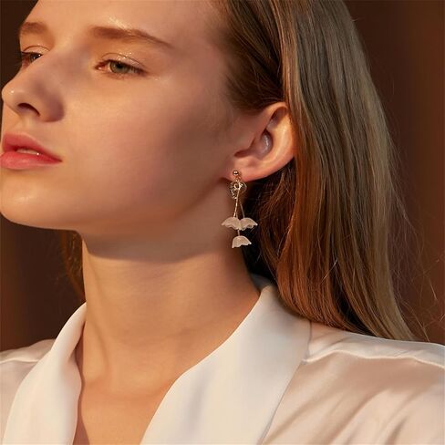 Lily Flower Tassel Earrings Gold Plated Elegant Fairy White Lily Bell Orchid Petal Green Leaf Plant Chandelier Long Nature Dangle Drop Earrings for Women Teen Girls Spring Summer Holiday Fashion Jewelry Gifts in Saudi Arabia