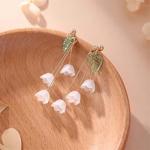 Lily Flower Tassel Earrings Gold Plated Elegant Fairy White Lily Bell Orchid Petal Green Leaf Plant Chandelier Long Nature Dangle Drop Earrings for Women Teen Girls Spring Summer Holiday Fashion Jewelry Gifts in Saudi Arabia