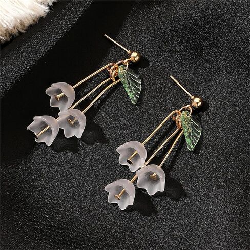 Lily Flower Tassel Earrings Gold Plated Elegant Fairy White Lily Bell Orchid Petal Green Leaf Plant Chandelier Long Nature Dangle Drop Earrings for Women Teen Girls Spring Summer Holiday Fashion Jewelry Gifts in Saudi Arabia