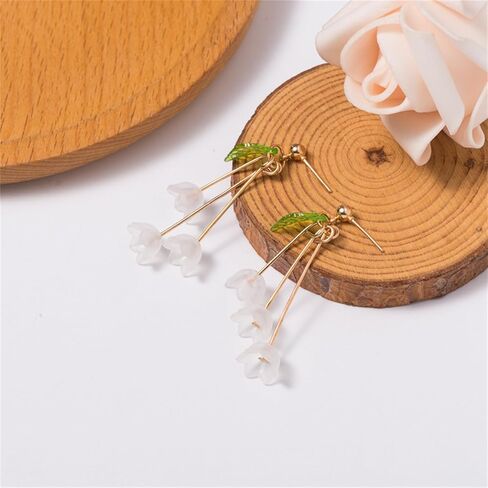 Lily Flower Tassel Earrings Gold Plated Elegant Fairy White Lily Bell Orchid Petal Green Leaf Plant Chandelier Long Nature Dangle Drop Earrings for Women Teen Girls Spring Summer Holiday Fashion Jewelry Gifts in Saudi Arabia