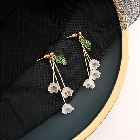 Lily Flower Tassel Earrings Gold Plated Elegant Fairy White Lily Bell Orchid Petal Green Leaf Plant Chandelier Long Nature Dangle Drop Earrings for Women Teen Girls Spring Summer Holiday Fashion Jewelry Gifts in Saudi Arabia