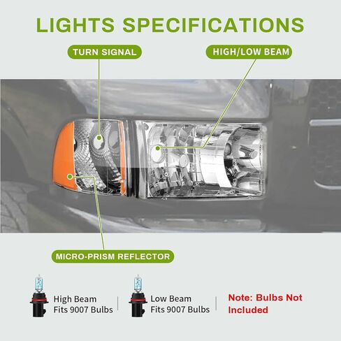 AUTOSAVER88 Headlight Assembly Compatible with 1994-2001 Dodge Ram 1500/1994 1995 1996 1997 1998 1999 2000 2001 2002 Dodge Ram Pickup 2500 3500 Black Housing Amber Reflector with Corner Lights in Saudi Arabia