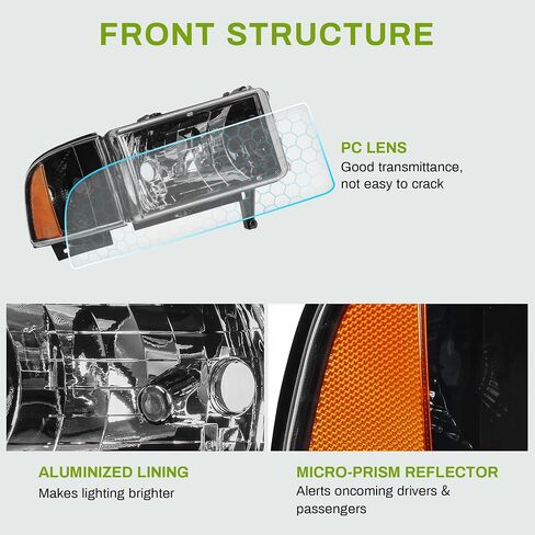 AUTOSAVER88 Headlight Assembly Compatible with 1994-2001 Dodge Ram 1500/1994 1995 1996 1997 1998 1999 2000 2001 2002 Dodge Ram Pickup 2500 3500 Black Housing Amber Reflector with Corner Lights in Saudi Arabia