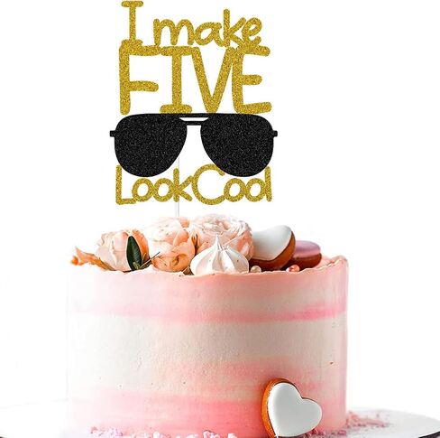 I Make Five Look Cool Cake Topper، ديكورات كعكة عيد الميلاد الخامس السعيد، زينة حفلة عيد ميلاد عمرها خمس سنوات، لمعان ذهبي وأسود in Kuwait