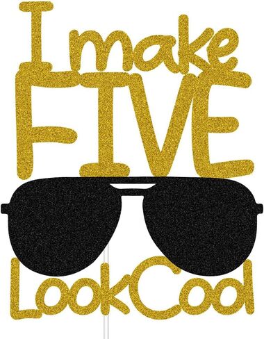 I Make Five Look Cool Cake Topper، ديكورات كعكة عيد الميلاد الخامس السعيد، زينة حفلة عيد ميلاد عمرها خمس سنوات، لمعان ذهبي وأسود in Kuwait