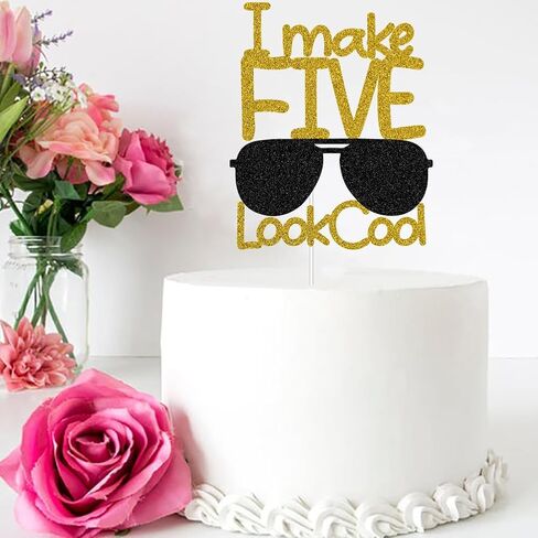 I Make Five Look Cool Cake Topper، ديكورات كعكة عيد الميلاد الخامس السعيد، زينة حفلة عيد ميلاد عمرها خمس سنوات، لمعان ذهبي وأسود in Kuwait