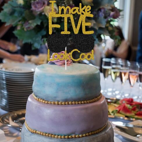 I Make Five Look Cool Cake Topper، ديكورات كعكة عيد الميلاد الخامس السعيد، زينة حفلة عيد ميلاد عمرها خمس سنوات، لمعان ذهبي وأسود in Kuwait