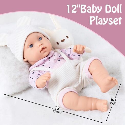 ZNTWEI 12 Inch Baby Doll Playset in Gift Box with Pink Clothes and Accessories Including Doll Clothes, Bassinet Bed, Blanket, Toys in Saudi Arabia
