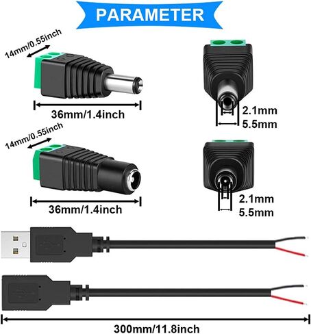 10Pairs 12V DC Power Connector 5.5mm x 2.1mm 5A Male & Female DC Power Jack Plug Adapter for CCTV Camera/Led Strip with 5PCS USB Male Cable, 5PCS USB Female Cable, Phillips Screwdriver in Saudi Arabia