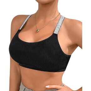 ASIMOON المرأة مغرفة الرقبة المحاصيل الأعلى Racerback العصرية مضلع محبوك المحاصيل الأعلى بلا أكمام قطع علوية بدون أكمام أسود Bralette in Kuwait