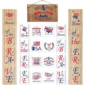 16 PCS 4th of July Patriotic Stencils for Painting on Wood, American Flag Porch Sign July 4th Reusable Plastic Stencils Letters Painting Templates for Home Independence Day Decorations