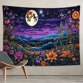 MeguMoon Floral Tapestry Moon Art Tapestry, Fantasy Mountain Forest Tapestry, Bohemian Nature Scenery Flowers Wall Hanging Decoration Purple Art Tapestry(60 * 40in)