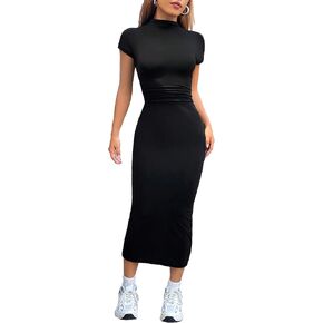 Floerns Women's Solid Short Sleeve Mock Neck Solid Bodycon Pencil Midi Dress